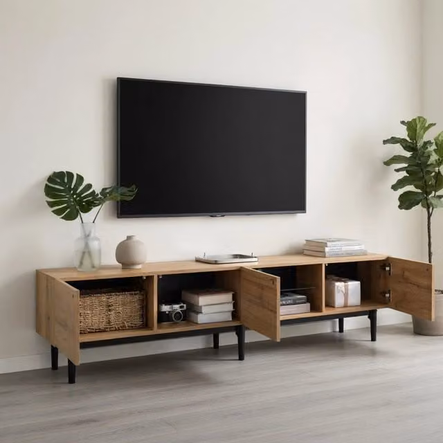Cassettiera per TV KOMHTOM in MDF e metallo, colore beige e marrone, con illuminazione integrata e scomparti multimediali, L: 175 cm, P: 41 cm, H: 31 cm – 1