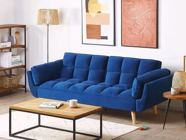 Divano Letto Click Clack Beliani in Velluto Blu Navy con Gambe in Legno di Gomma e Imbottitura in Schiuma per Soggiorno