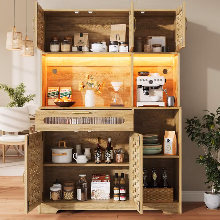 okwish Armadi alti Armadio da cucina con cassetti e ante, Armadio da soggiorno con illuminazione a LED e connessione USB, Vetrina autoportante con microfono, Naturale