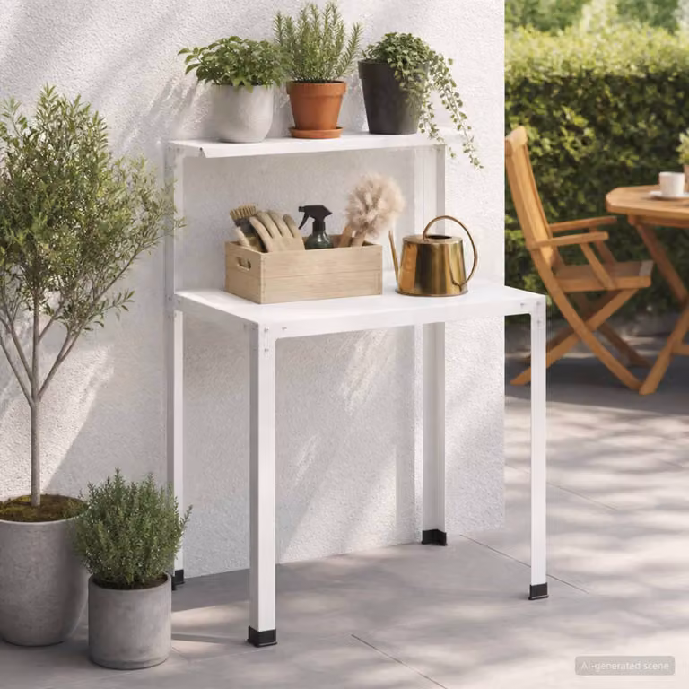 vidaXL Tavolo da rinvaso in metallo bianco con finitura laccata L/P/H: 60 x 50 x 104 cm