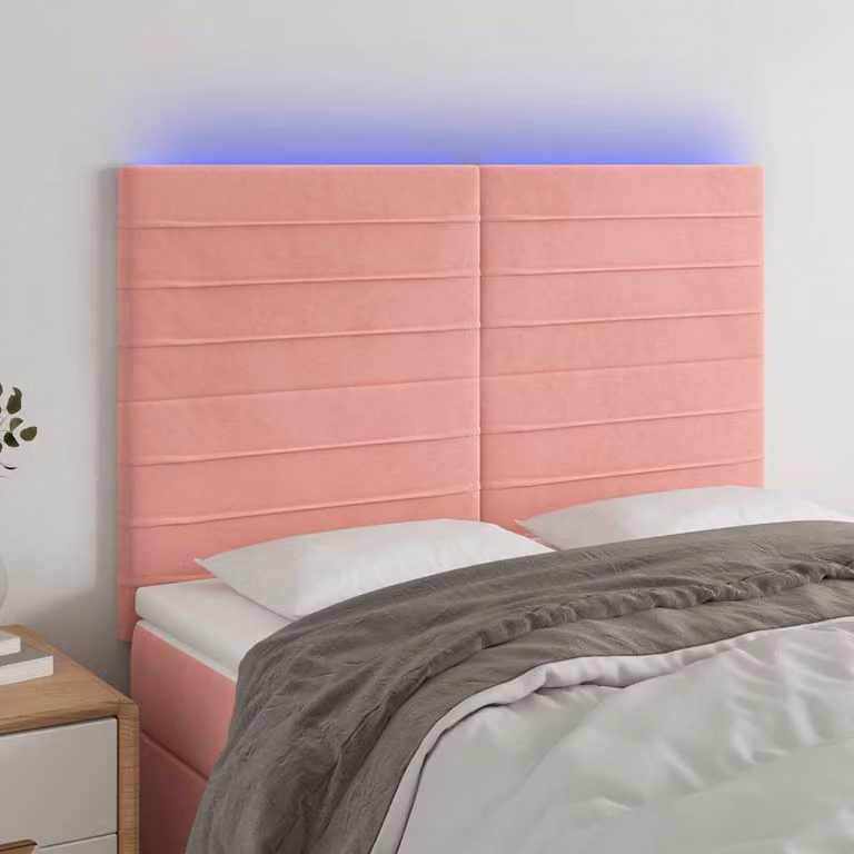 Testiera per letto vidaXL in velluto rosa con illuminazione LED integrata e porta USB, L 144 cm, H 118-128 cm, P 5 cm