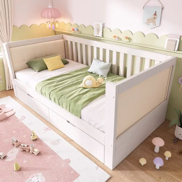 Divano letto bianco 90x200 cm in legno con 2 cassetti, design compatto con braccioli arrotondati e schienale confortevole
