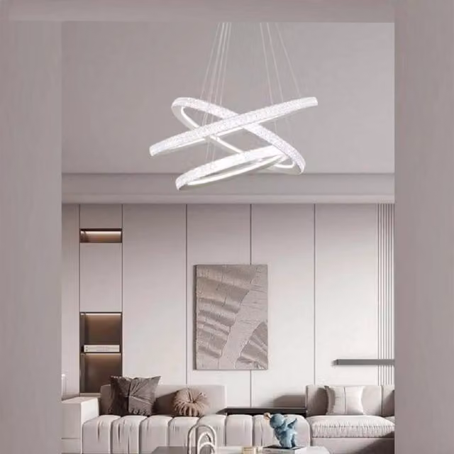 Trade Shop Lampadario LED Moderno Bianco con 3 Anelli e Cristalli, Regolabile, 132 W