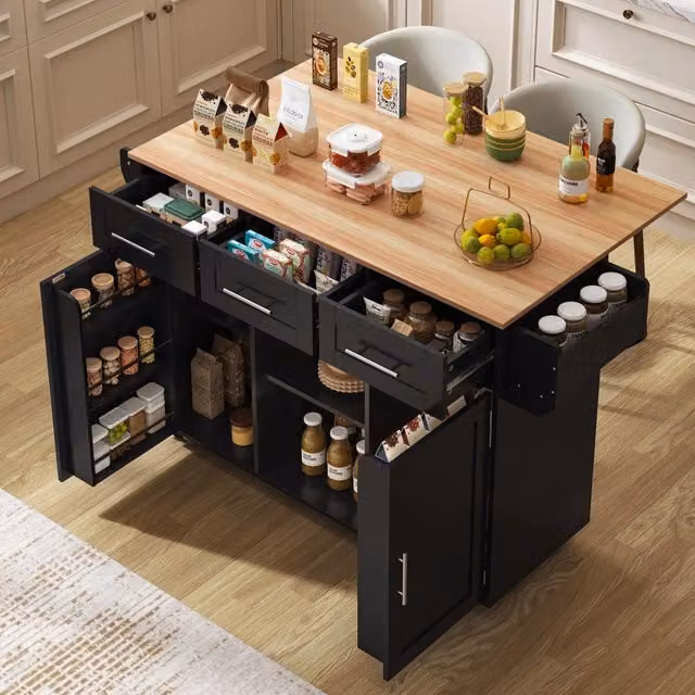 Carrello da cucina con piano ribaltabile e ante portabottiglie; nero e legno; 139x46(71)x91;5 cm; senza piano cottura