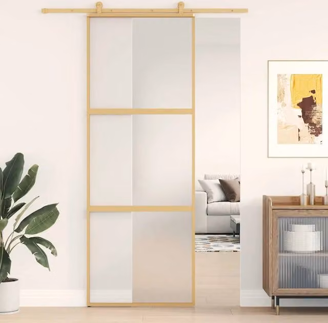 Porta Scorrevole vidaXL in Alluminio e Vetro Smerigliato, Colore Oro, L: 76 cm, H: 205 cm