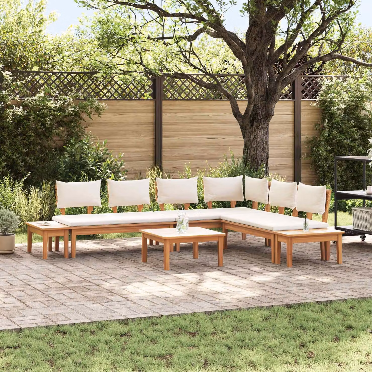 Set Divano da Giardino a L vidaXL in Legno di Teak con Tavolino, Marrone e Beige – 1