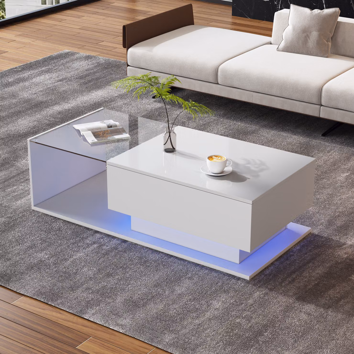 okwish Tavolino rettangolare, LED lucido, tavolino per camera da letto, tavolino con contenitore, piano in vetro e cassetti, bianco