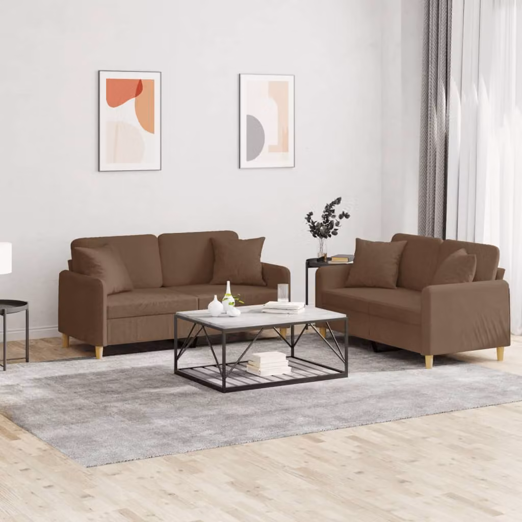 Set di 2 Divani Moderni vidaXL in Tessuto Marrone con Cuscini per Soggiorno L: 138 cm, P: 80 cm, H: 77 cm – 1