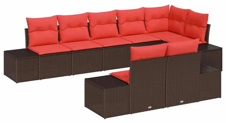 Set di divani da giardino, 8 pezzi, color marrone e rosso, in rattan sintetico