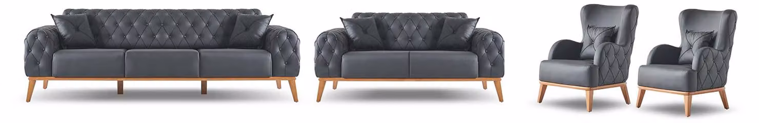 Schwarze Arbeitszimmer Garnitur Luxuriöser Dreisitzer 2-Sitzer 2x Sessel