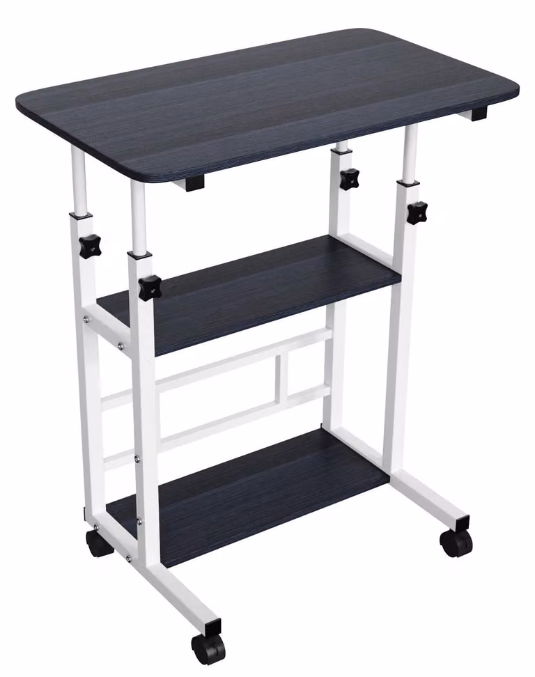 Tavolino laterale - Scrivania regolabile in altezza con rotelle - Scrivania a forma di L per laptop - 3 ripiani - Legno - Nero