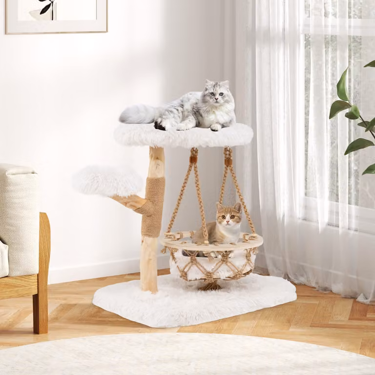 Torre per gattini Costway moderna in legno bianco con dondolo appeso, tiragraffi e piattaforme imbottite