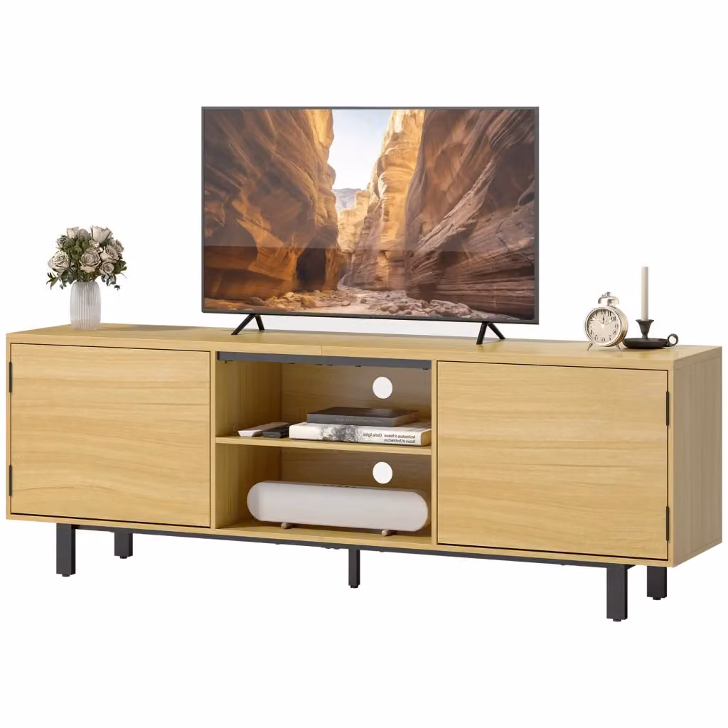 Mobile TV Xylo per schermi fino a 65 pollici con 2 ante a pressione e 2 ripiani, legno naturale e beige, L 160 x P 35 x H 55,5 cm – 2