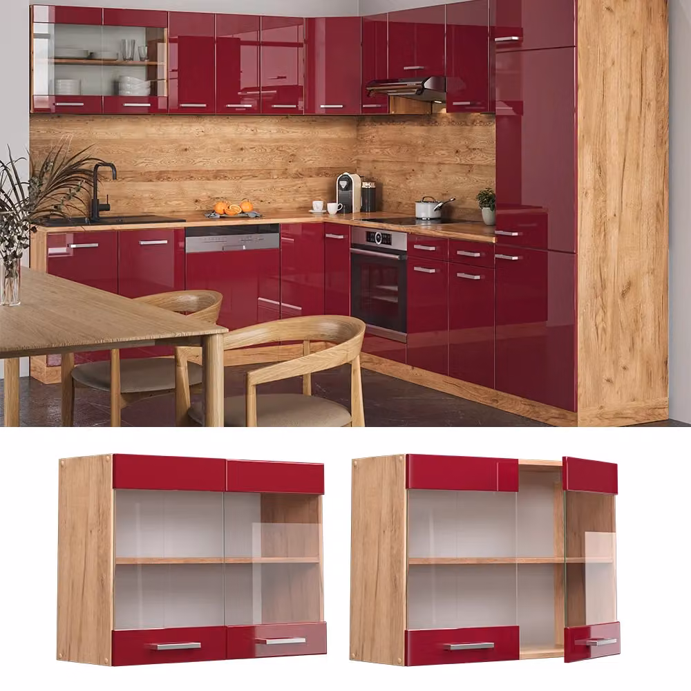 Pensile da cucina moderno Vicco R-Line con ante in vetro, Rosso lucido e Rovere, L: 80 cm, H: 60 cm, P: 31 cm – 2