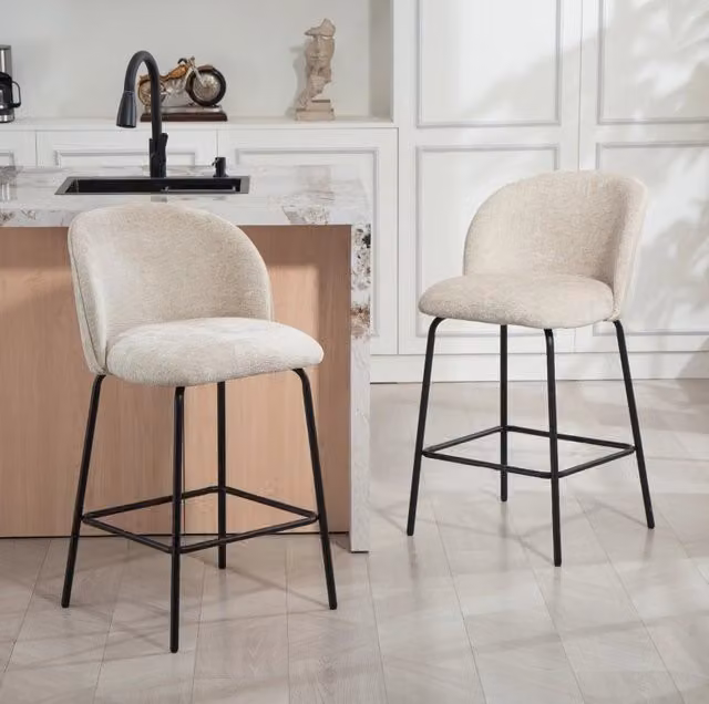 Set di 2 sgabelli da bar beige con schienale, seduta imbottita e gambe in acciaio per isola cucina e sala da pranzo