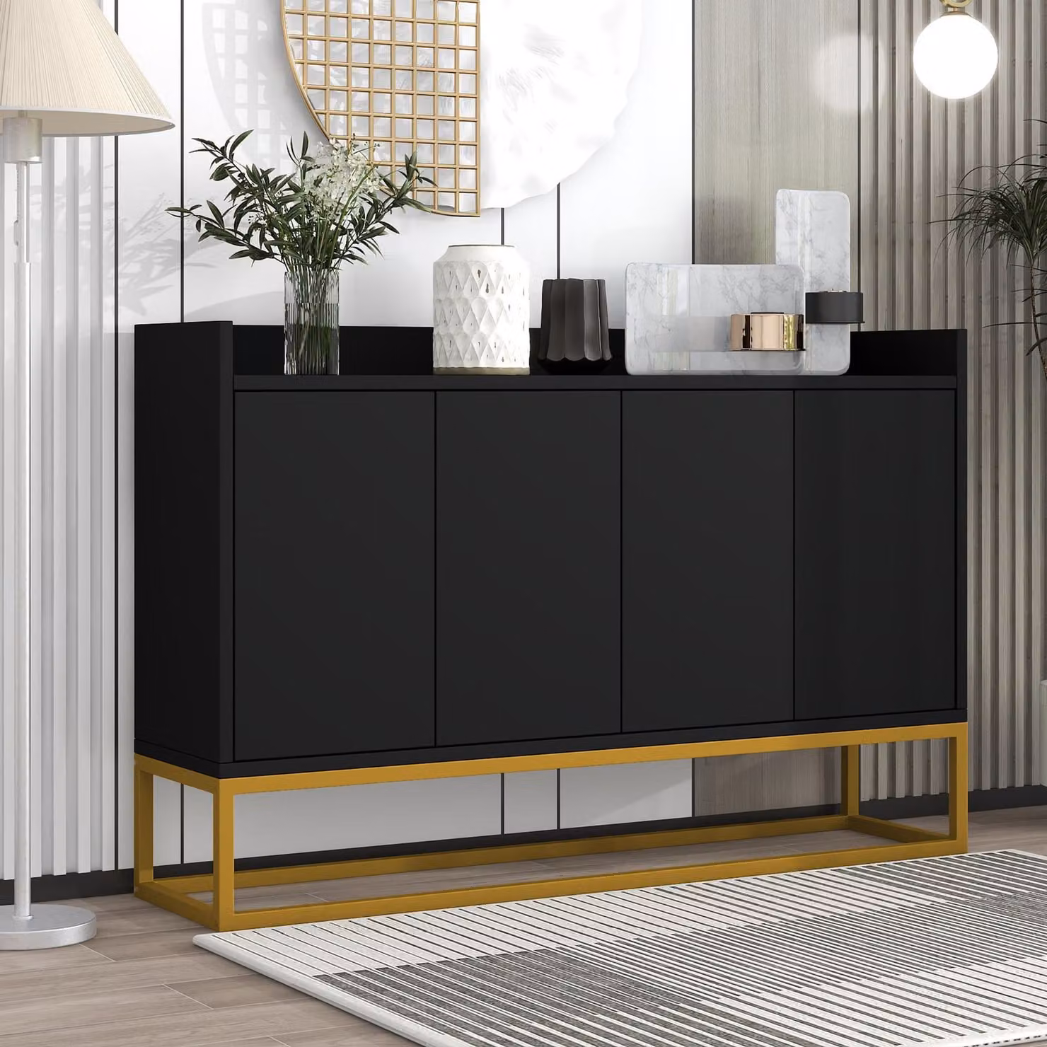 Credenza Merax con 4 ante e ripiani regolabili, struttura in metallo dorato e funzione push-to-open, credenza in legno massiccio per soggiorno, 120*30*80 cm