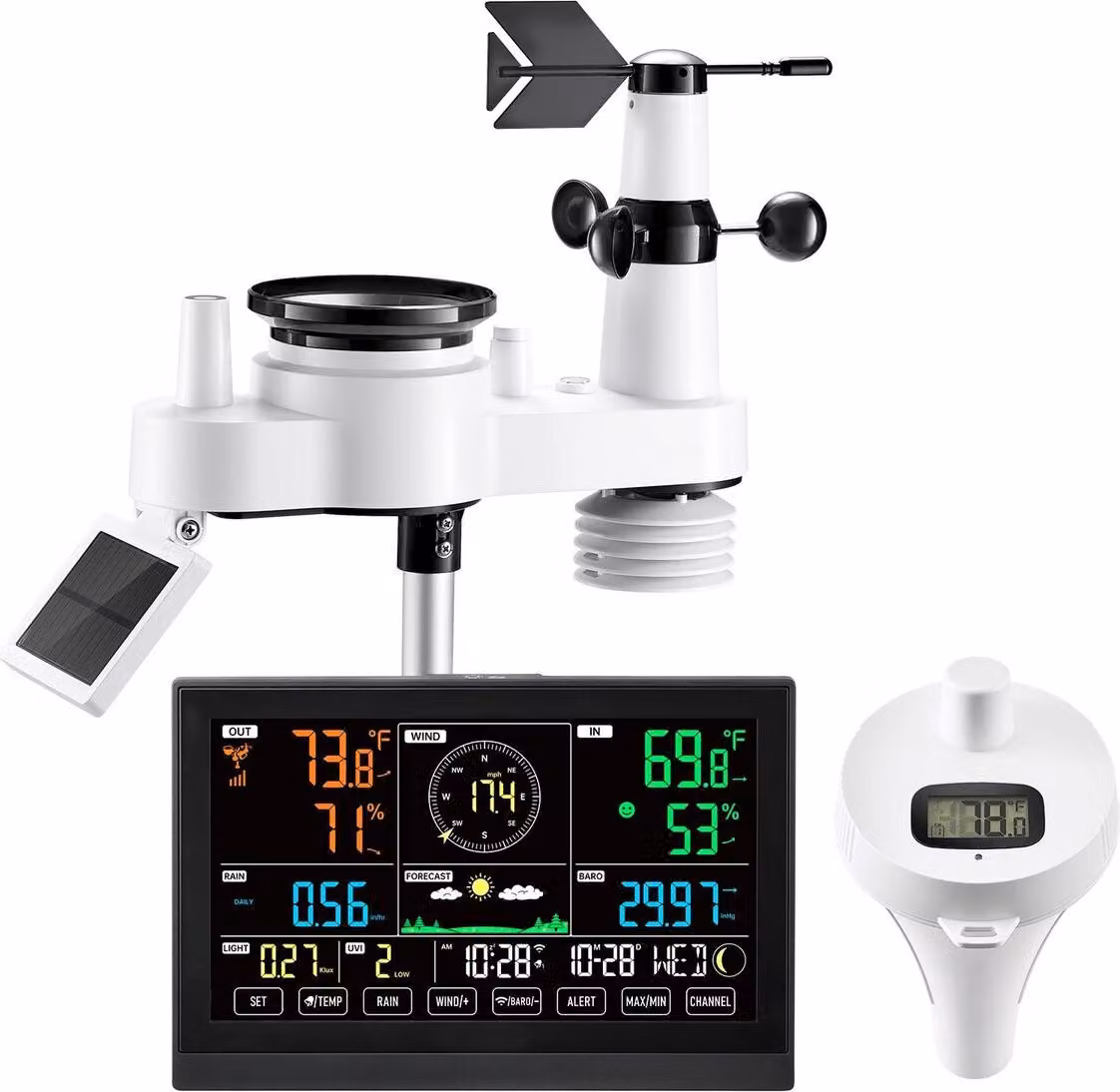 Stazione meteorologica Wi-Fi 7 in 1 con APP, display da 190,5 mm, sensore esterno wireless alimentato a energia solare, con termometro per piscina, pluviometro, uso interno ed esterno per previsioni meteorologiche, velocità del vento, temperatura della pi