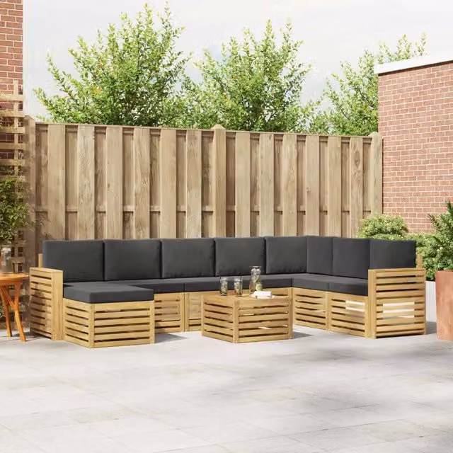 Set di divani da giardino a L vidaXL in legno di acacia massello con cuscini grigi