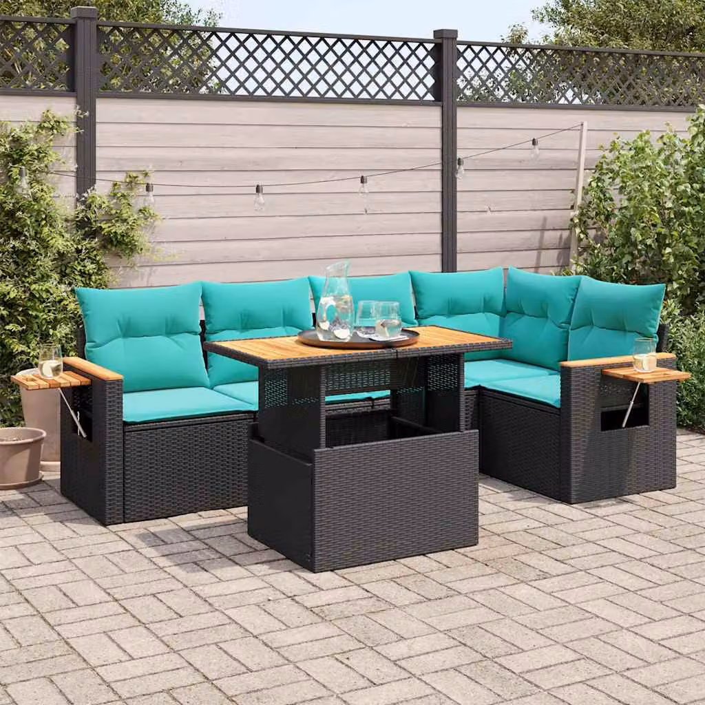 Set Divano da Giardino vidaXL 6 pz a Forma a L in Polyrattan con Cuscini e Tavolino, Colore Nero e Accacia