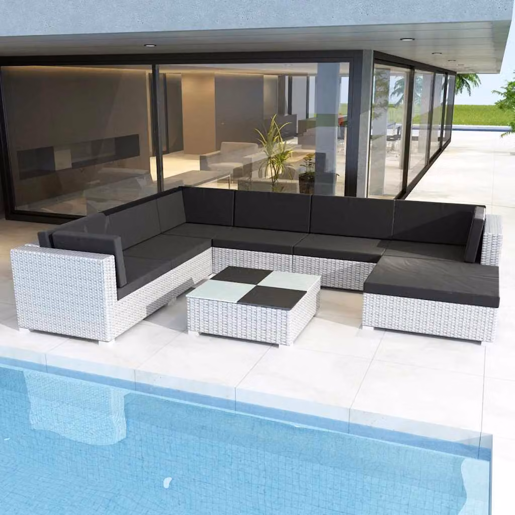 Set Divani da Giardino vidaXL 8 Pezzi in Polyrattan Bianco con Cuscini e Tavolino