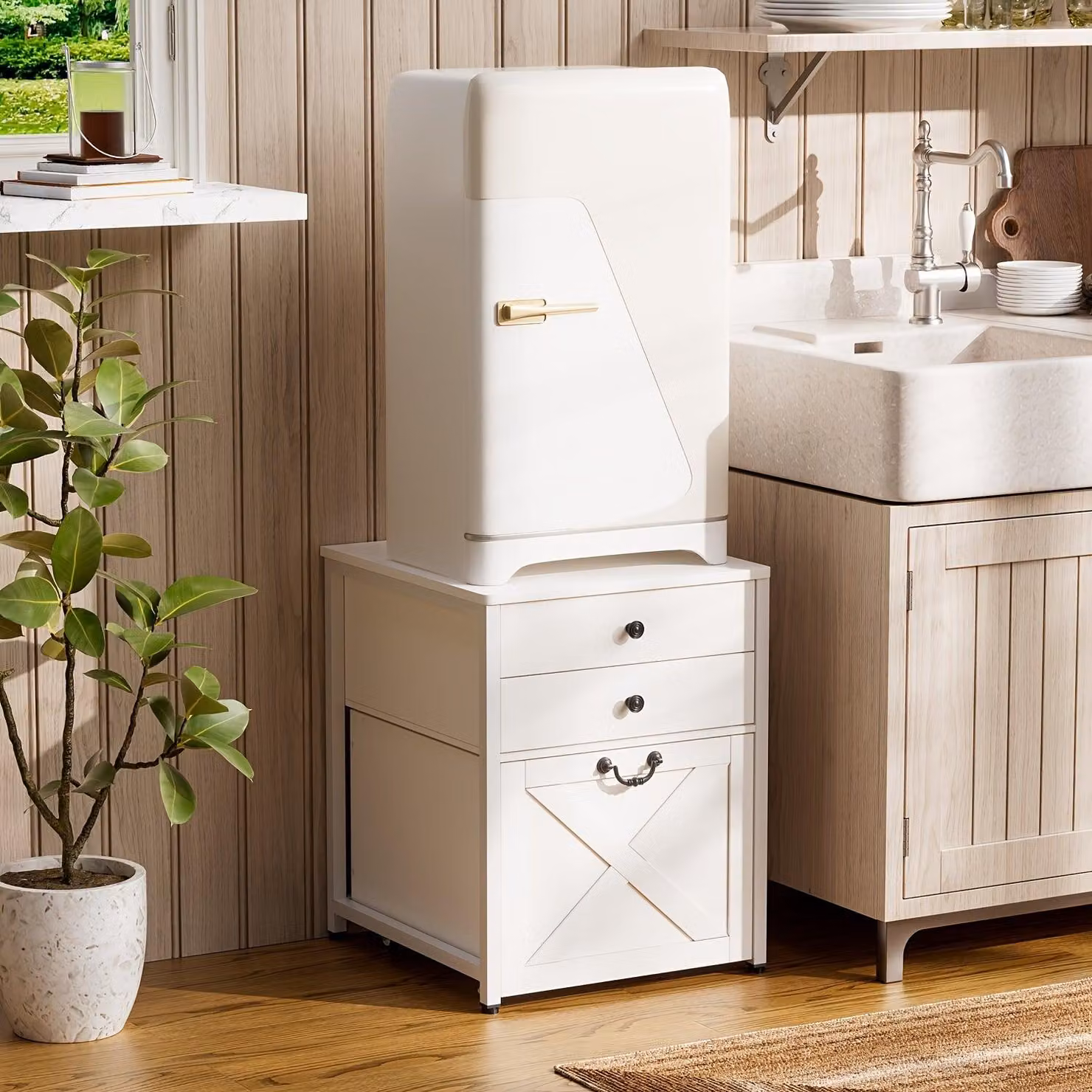 Supporto per microonde da cucina con 3 ripiani, 2 cassetti e base con ruote, in stile rustico