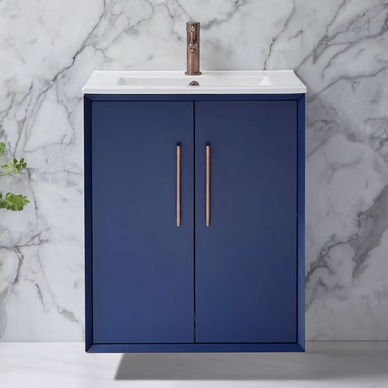 Mobile Bagno Sospeso Blu Marino 610mm con Lavabo e Maniglia con Barra a T Bronzo Spazzolato - Edge