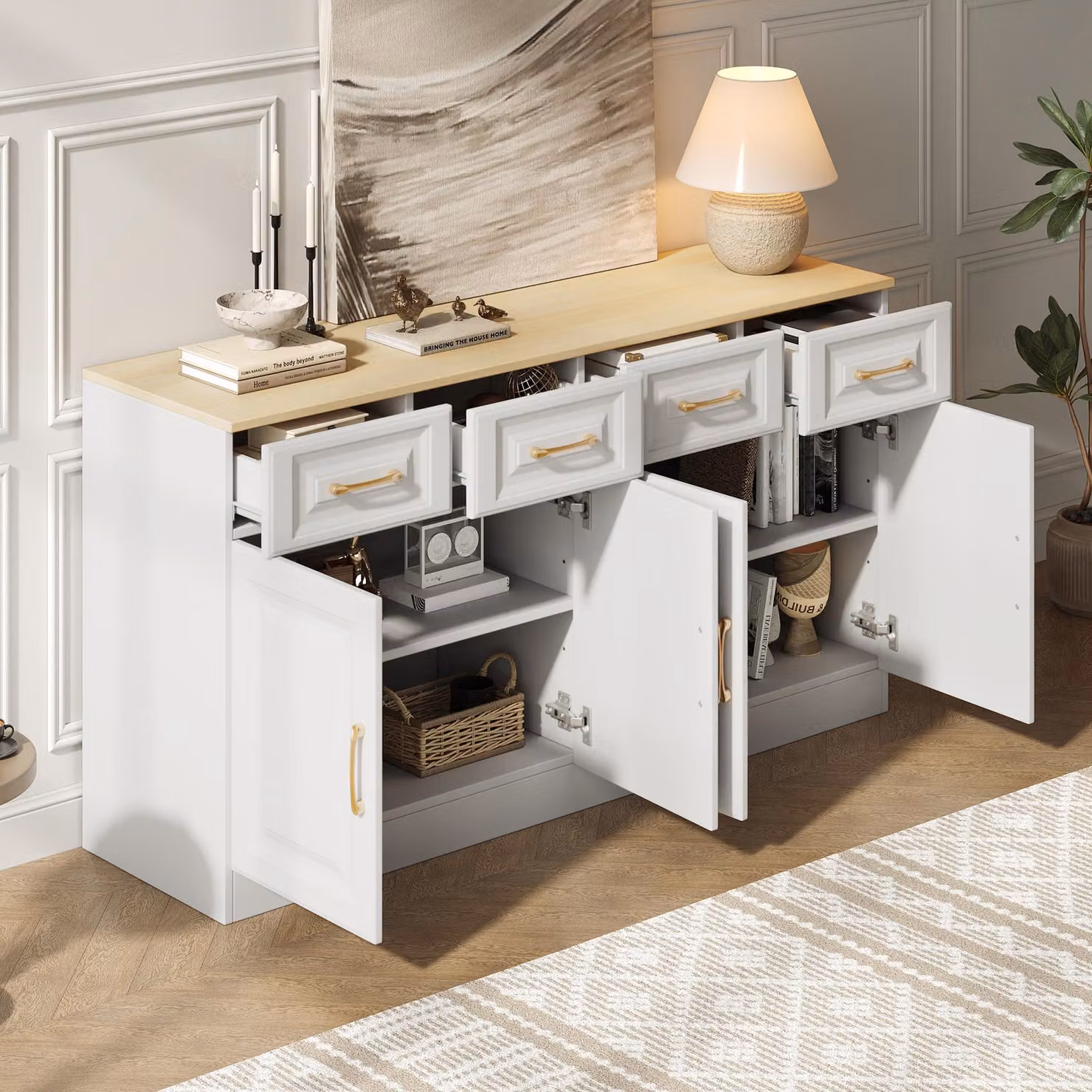 MODFU Mobile bar con 4 cassetti e 4 ante scorrevoli, mobile da cucina in stile moderno rustico, bianco + legno