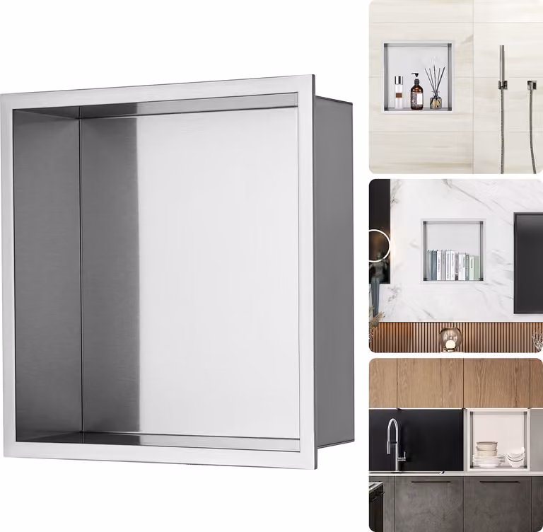 SucceBuy 33 x 33 cm nicchia per doccia in acciaio inox 304, mensola a muro a scomparsa, impermeabile, antiruggine, contenitore moderno, argento