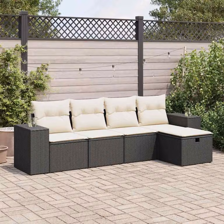 Set da giardino vidaXL in polyrattan nero con cuscini e struttura in metallo, composto da divano a 3 posti, poltrone e pouf