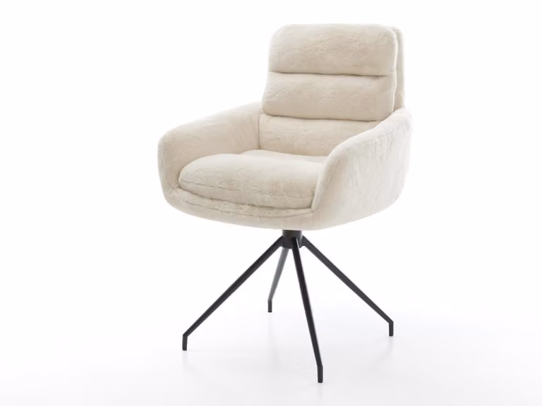 DELIFE Sedia da pranzo Abelia-Flex con braccioli in peluche bianco panna con struttura a croce conica nera
