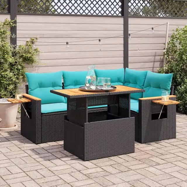 Set Divani da Giardino 5 pz con Cuscini Nero Polyrattan Acacia 3327592