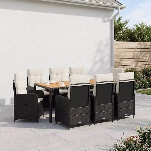 Set da pranzo per esterni vidaXL in acciaio verniciato e legno di acacia, 9 pezzi, Nero e Bianco, L: 150 cm, P: 90 cm, H: 75 cm – 1