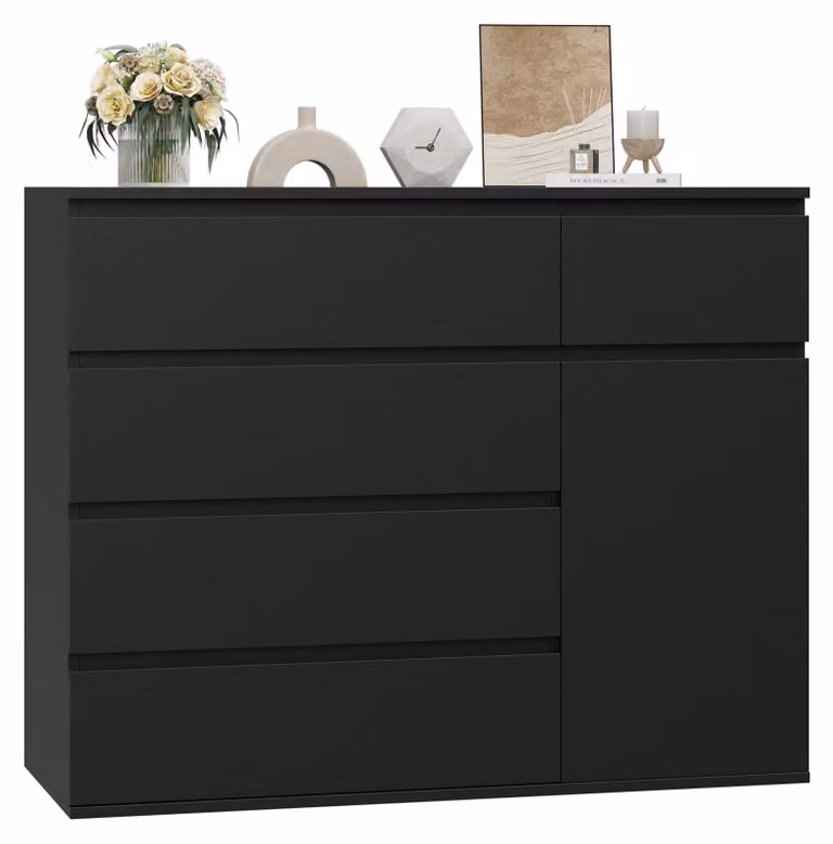 Comò - Comò alto con 5 cassetti e 1 anta - Credenza in legno per camera da letto, soggiorno e ingresso - Design moderno - 100x80x40 cm - Nero