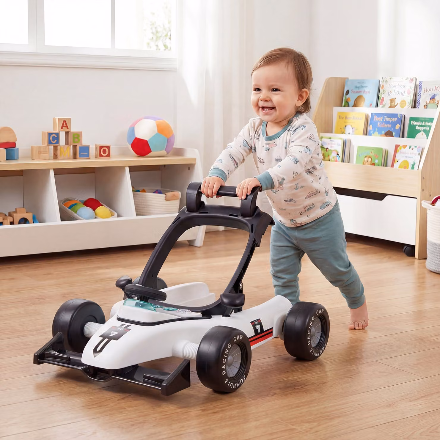 Costway Passeggino 4-in-1 per bambini volante imbottito e scatola musicale, Centro attività con altezza regolabile a 3 livelli Bianco