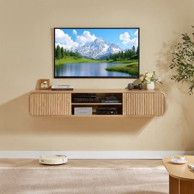 Mobile TV da parete Minimal beige in legno con ripiani aperti per soggiorno e camera, L: 160 cm, P: 38 cm, H: 30 cm