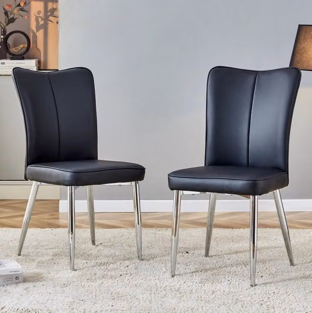 Set 2 sedie da pranzo ergonomiche in similpelle PU nera con gambe in metallo argento HAVRYA