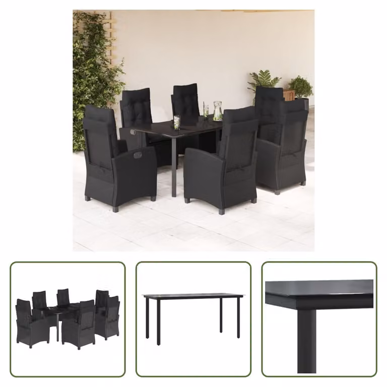The Living Store Set da pranzo da giardino 7 pezzi con cuscini in polirattan nero