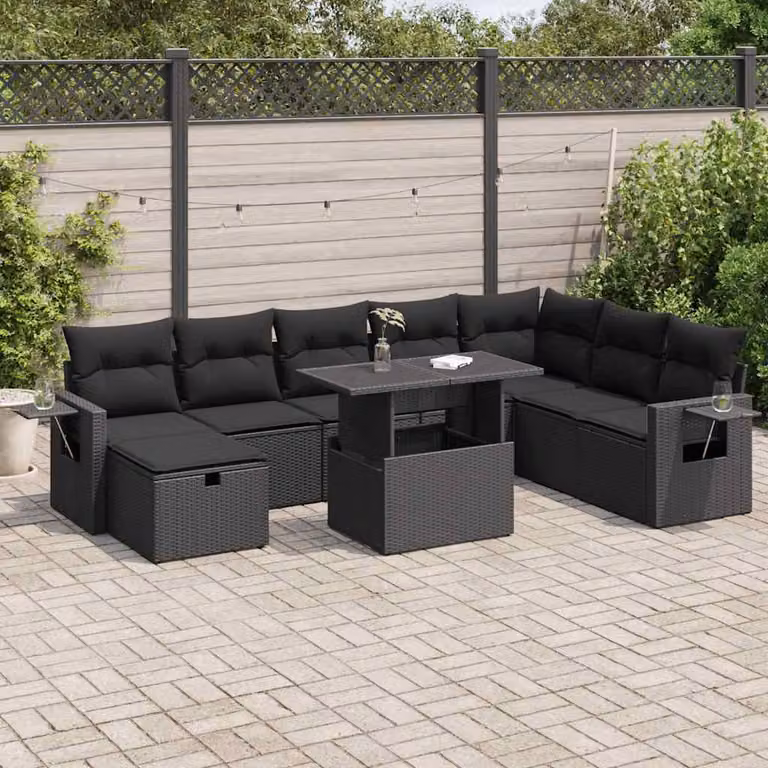 Set di divani da giardino vidaXL in polyrattan nero con cuscini, tavolino e pouf, design moderno a L per esterno