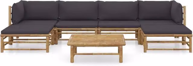 Set da giardino vidaXL a 7 pezzi con cuscini grigi in bambù e design moderno a forma di U
