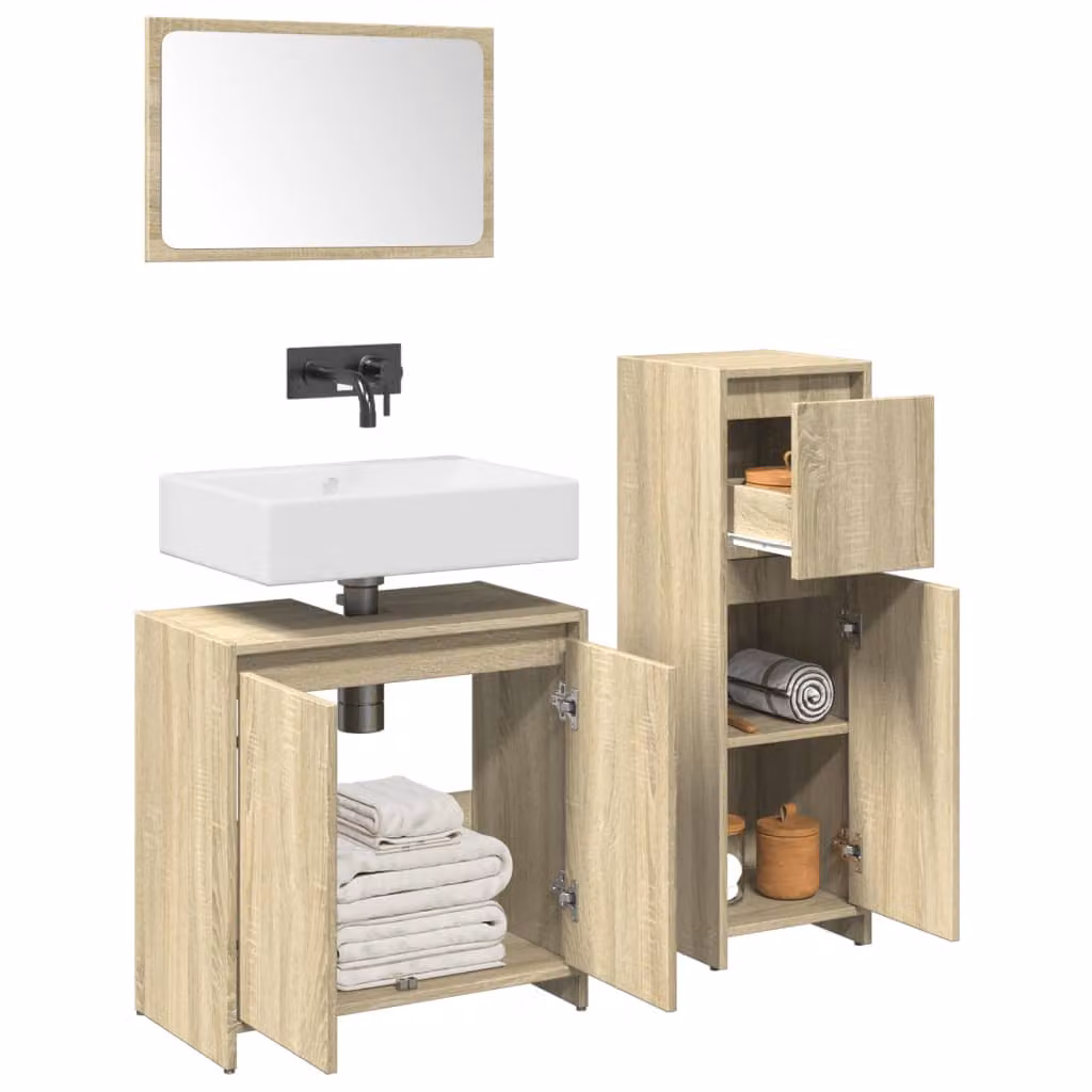 Set di mobili da bagno moderno vidaXL in 3 pezzi color marrone con armadietto a specchio e mobile lavabo in legno e vetro