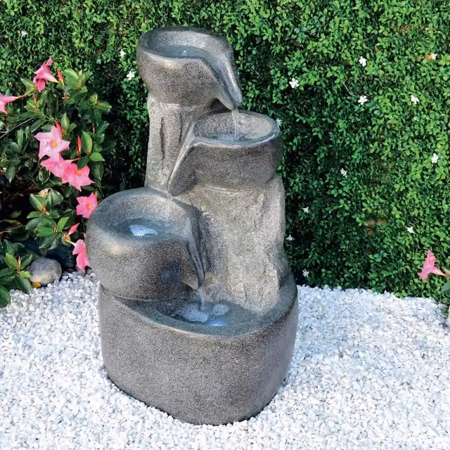 Fontana Zen da Giardino 44x40x70 cm 20 Litri in Poliroccia con LED e Pompa Grigia