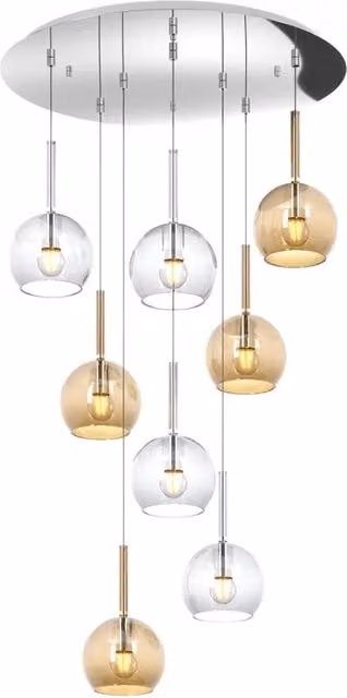 Lampadario a sospensione contemporaneo Future in metallo cromato e vetro trasparente ambra con 8 luci E27