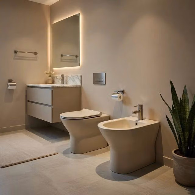 Set di sanitari filomuro FEELING Rak Ceramics in ceramica, comprensivo di WC, bidet e copriwater soft-close, colore Beige Opaco