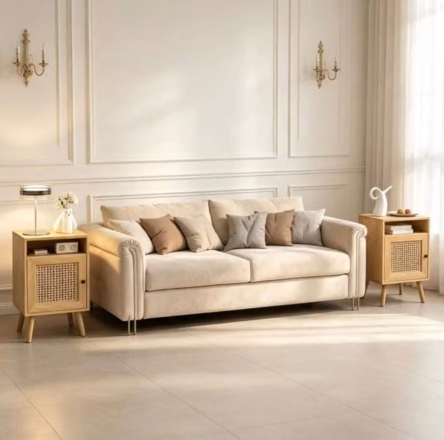 Set di 2 comodini ULEVR 39x35x60 cm con anta in rattan e vano aperto, finitura naturale