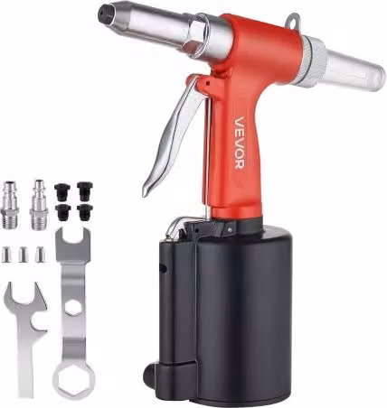 VEVOR Kit Rivettatrice Pneumatica Rossa con Sistema a 3 Griffe e Ugelli Vari, Forza di Trazione 1100 kg, Utensile Professionale in Acciaio per Edilizia e Industria