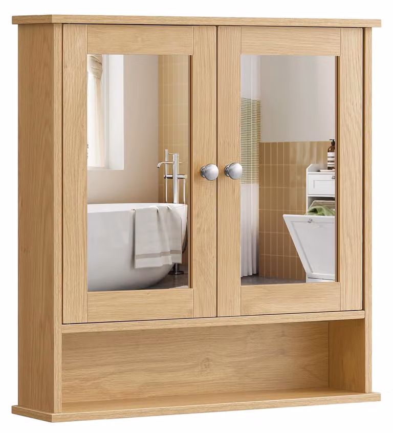 VASAGLE, mobiletto contenitore con specchio, dotato di 2 ante a specchio e vano aperto, da montare a parete, colore noce naturale, dimensioni 13T x 56,5L x 58,5A cm