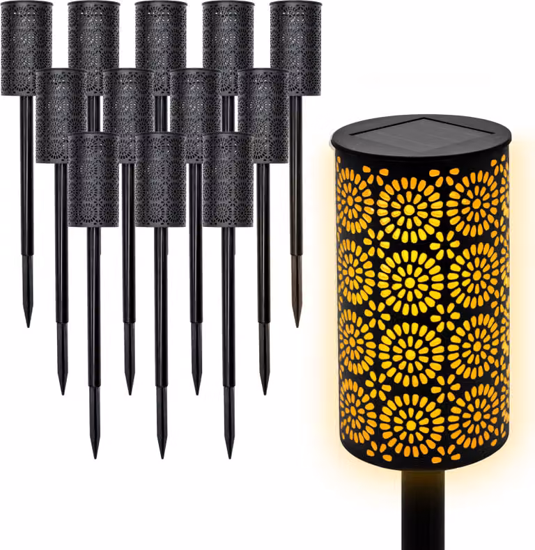 1.01 Torcia solare a LED in nero - 12 pezzi / circa 49 cm - Luce da giardino con 12 LED ed effetto fiamma (12 pezzi / 1 scatola)