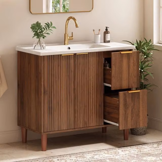 Mobile bagno verticale 91 cm, colore noce, ante doppie con scanalature, maniglie oro, cassetti, lavabo in ceramica. Rubinetto non incluso