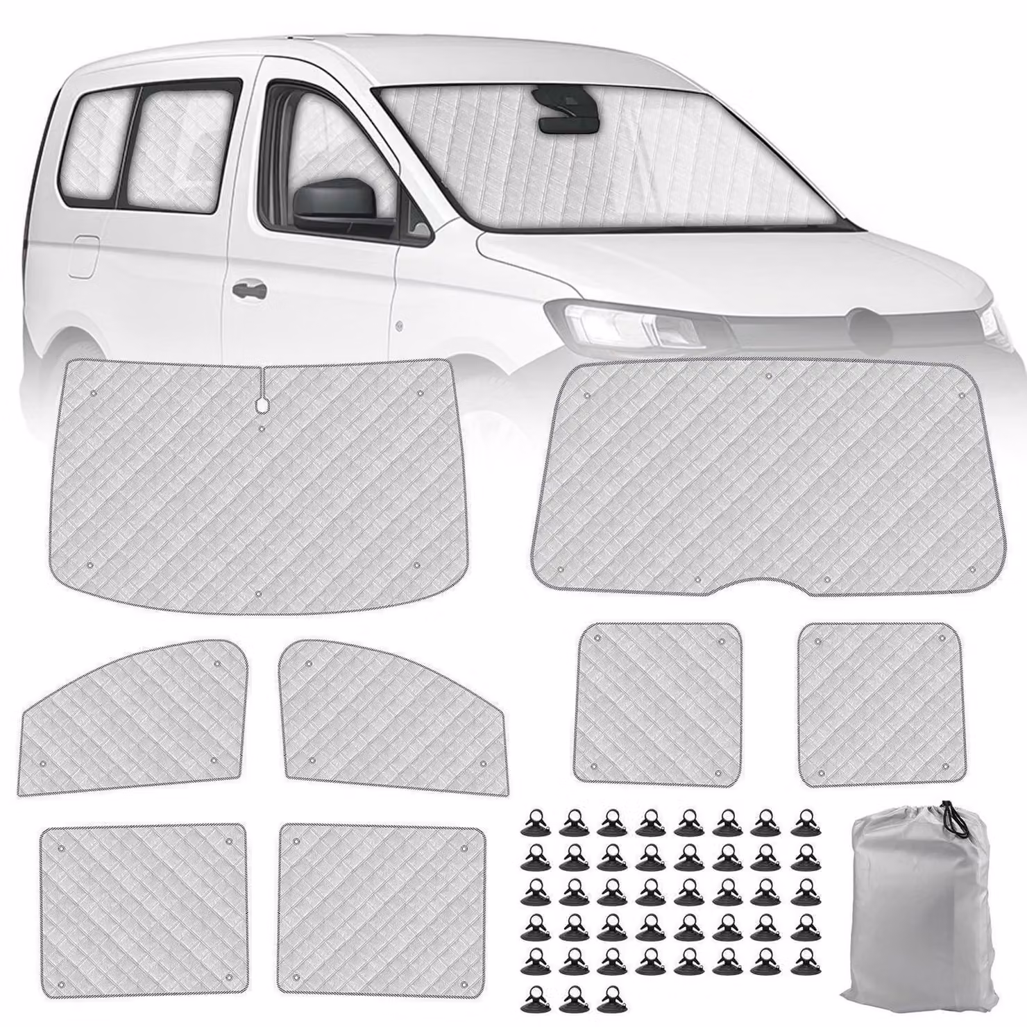 Tappetino isolante per l'abitacolo, compatibile con Caddy Maxi Life a passo lungo (LWB) dal 2022 al 2025, composto da 10 pezzi, per protezione solare, privacy e controllo della temperatura