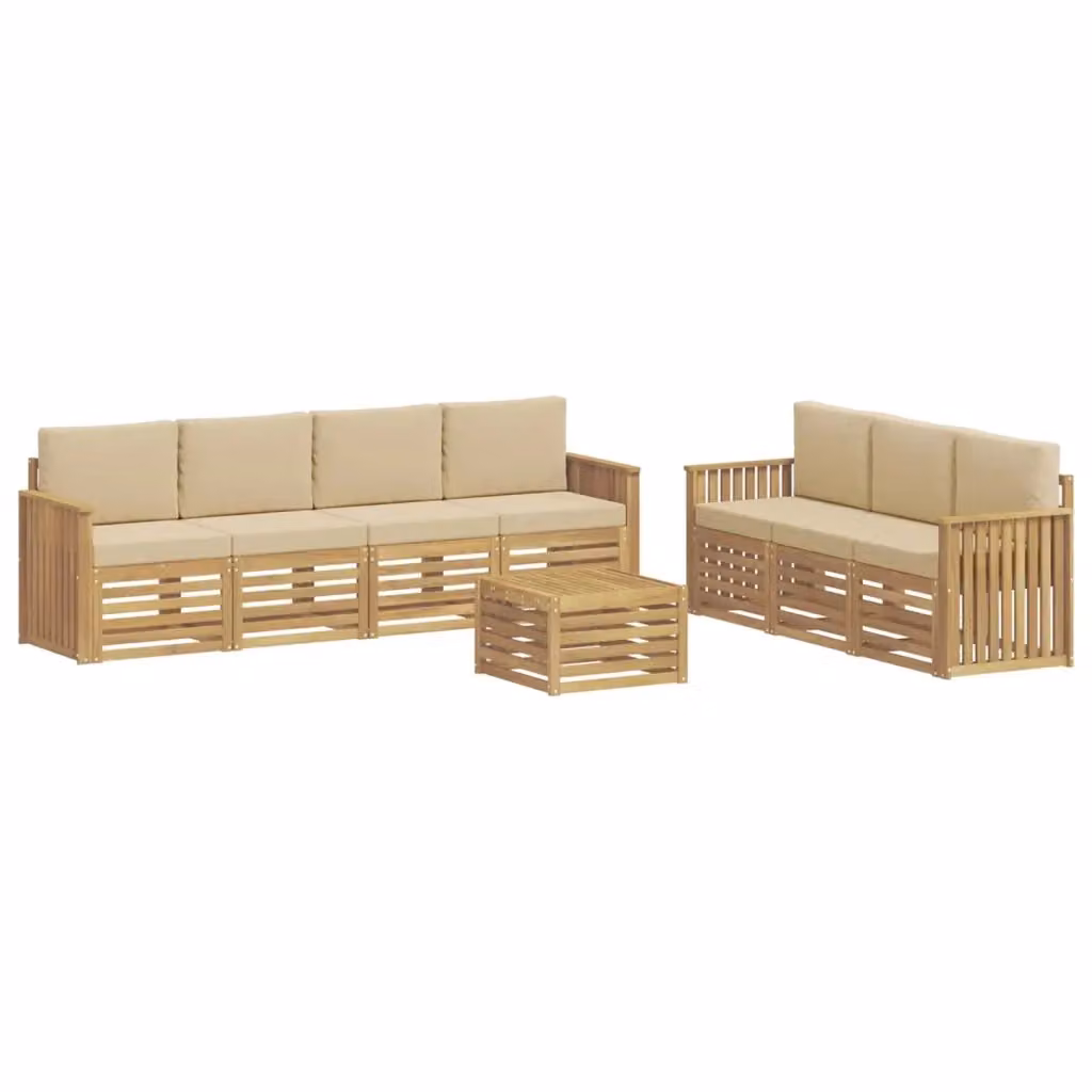 Set da giardino moderno vidaXL composto da divano a 3 posti, poltrone e tavolino da esterno in legno di acacia con cuscini in tessuto bianco e beige – 2